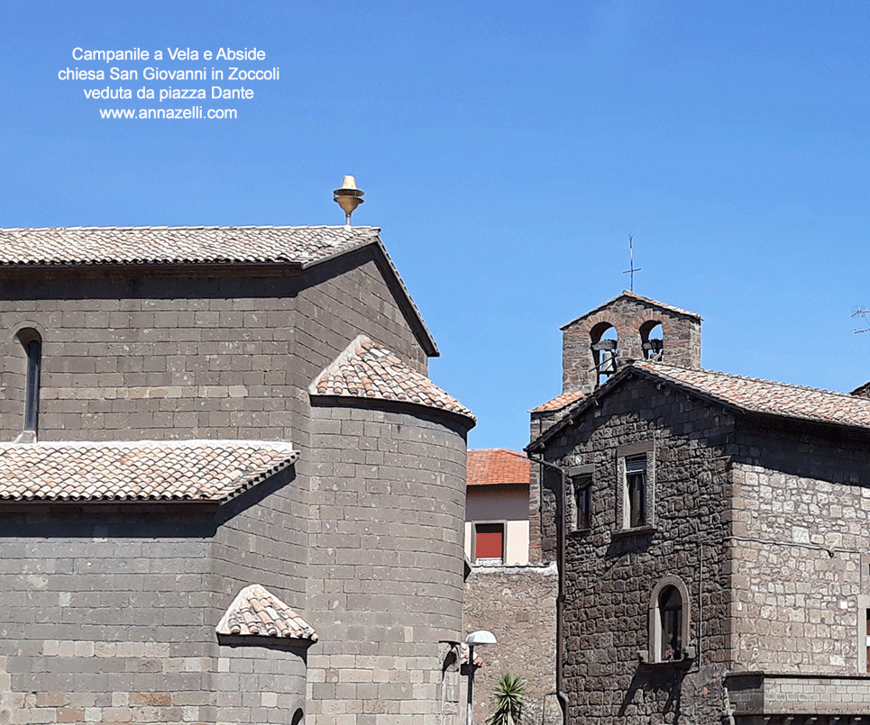 campanile a vela e abside chiesa san giovanni in zoccoli veduta da piazza dante viterbo centro storico