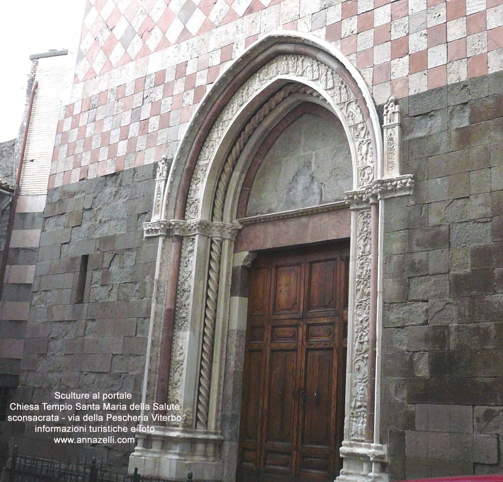 sculture al portale della chiesa tempio santa maria della salute via della pescheria viterbo info e foto anna zelli
